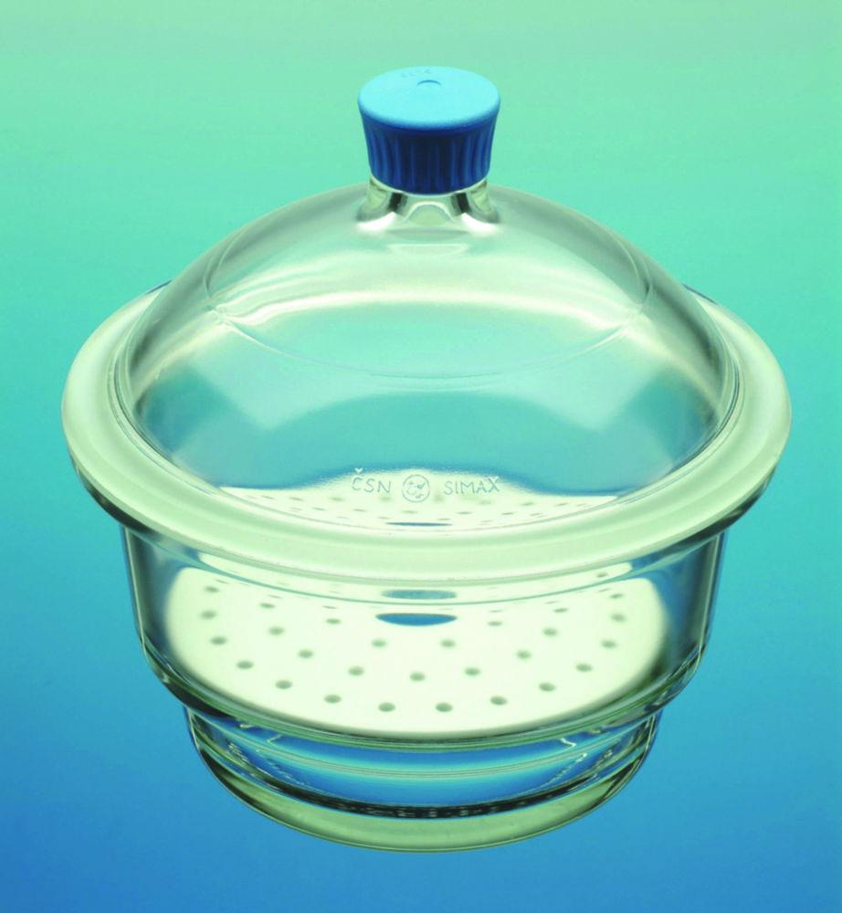 Bohemia Desiccator Ø 100 mm with Plastic Knob Lid and Porcelain Plate, Boro 3.3