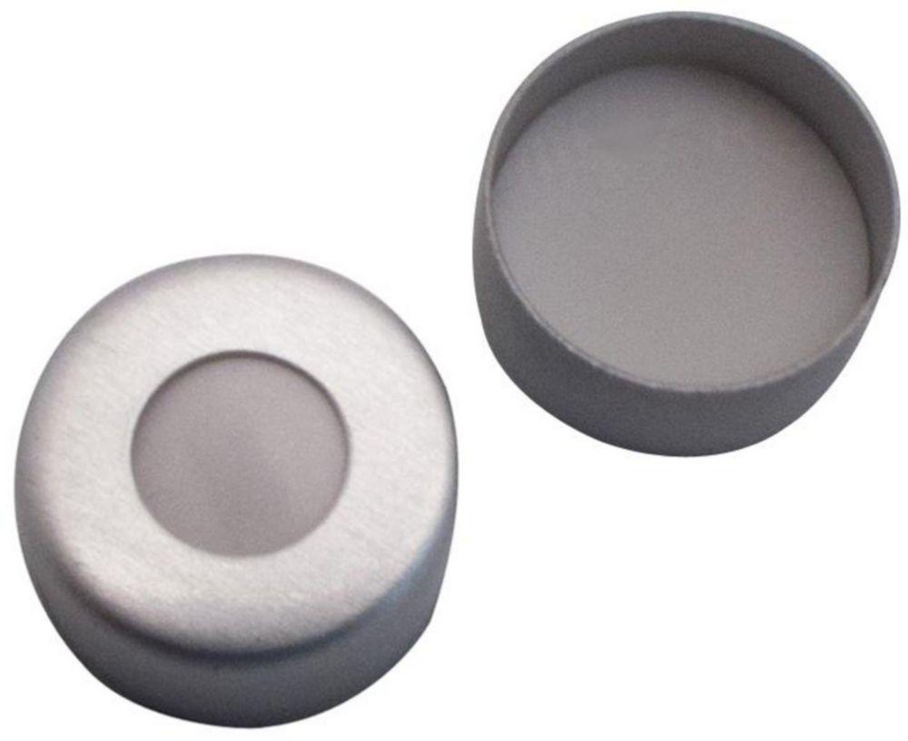LLG Aluminium Crimp Caps N8, TOA Silver, Center Hole, PTFE Virginal White, Hardness 53 Shore D, Thickness 0.25 mm, Pack of 100
