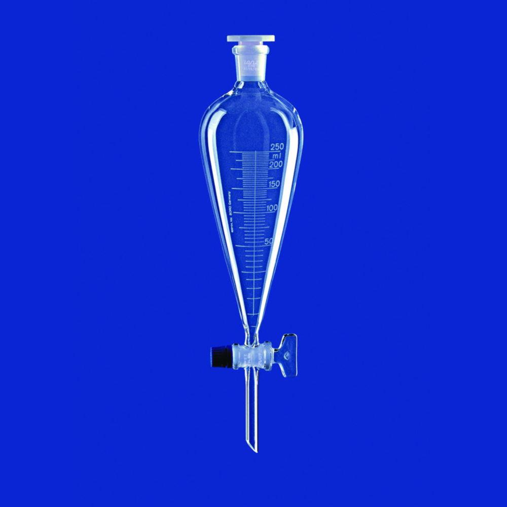 Lenz-Laborglas Separating Funnel 50ml, Squibb, Glass Key, NS 19/26, PE-Stopper, Bore 2.5mm, Grad. 2ml, Borosilicate 3.3

