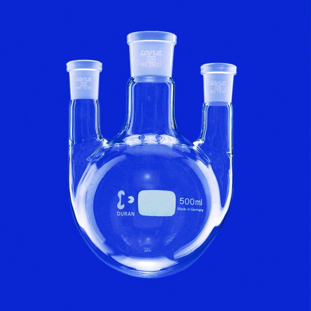 Lenz-Laborglas Round-bottom Flasks, Three-neck, Side Necks Parallel, C. Neck NS 24/29, Side Neck NS 19/26

