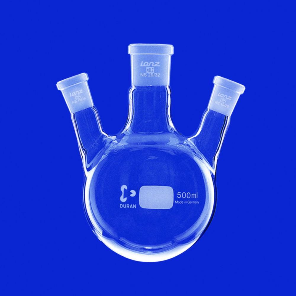 Lenz-Laborglas Round-bottom Flasks, Three-neck, Side Necks Angled, C. Neck NS 24/29 Side Neck NS 19/26 Cap. 500 ml

