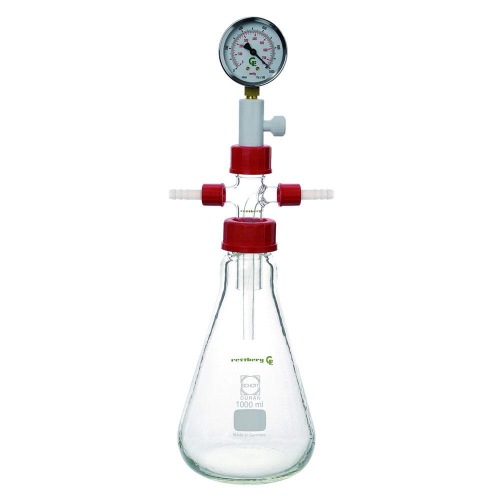 Gebr. Rettberg Woulff Bottles 1000 ml Erlenmeyer Pattern with Analogue Pressure Gauge

