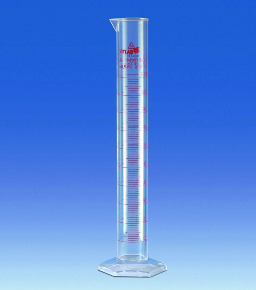 VITLAB Measuring Cylinder 50 mL, High Form, PMP Class A, KB Base, Red Printed Graduations