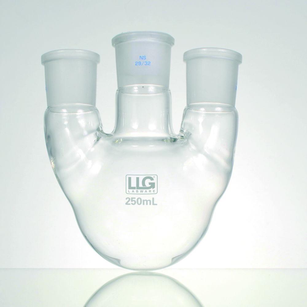 LLG Three Neck Round Bottom Flask, 250 mL, Parallel Side Necks, CN NS 29/32, SN 2x NS 29/32, Parallel, Boro 3.3
