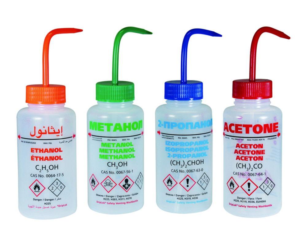 LLG Safety Vented Wash Bottle 500 mL, Methanol, with Pressure Control Valve, LDPE, AE/FR/UK