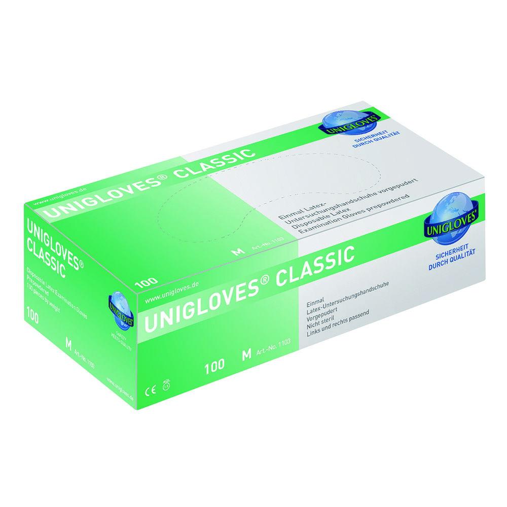 Unigloves Latex Gloves Classic Size M (7-8), Pre-Powdered, Multi Comfort, Pack of 100


