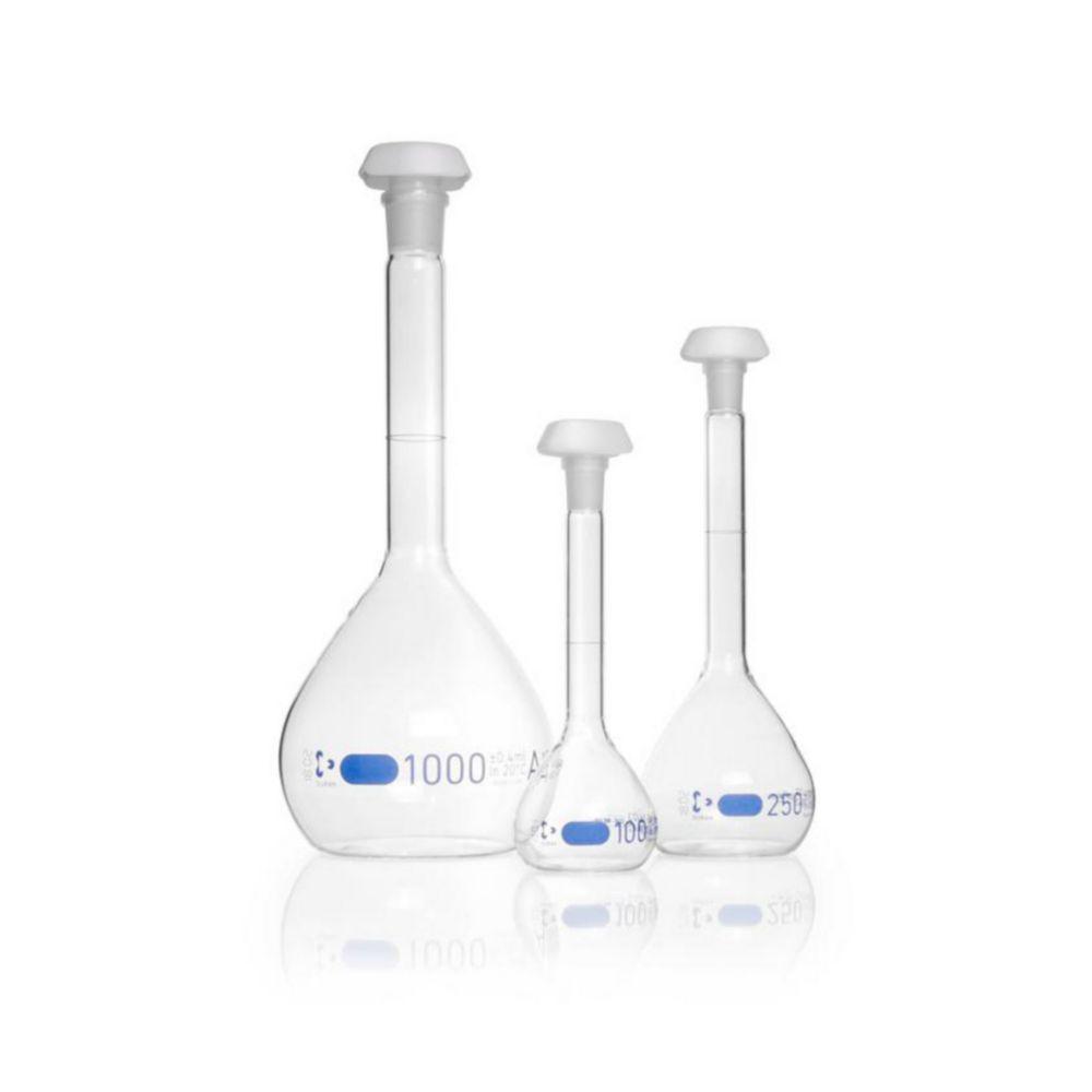 DWK Duran 2 mL Volumetric Flask, Class A Blue Graduation, Batch Certificate, Polyethylene Stopper NS 7/16​