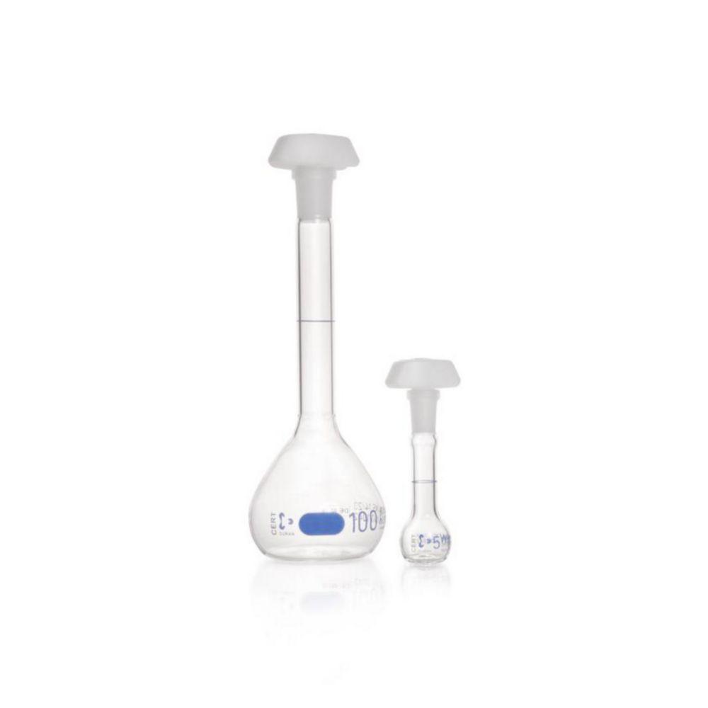 DWK Duran Volumetric Flask 2000 ml, Class A, Blue Graduation, Individual Certificate, One Graduation Mark, Polyethylene Stopper, NS 29/32