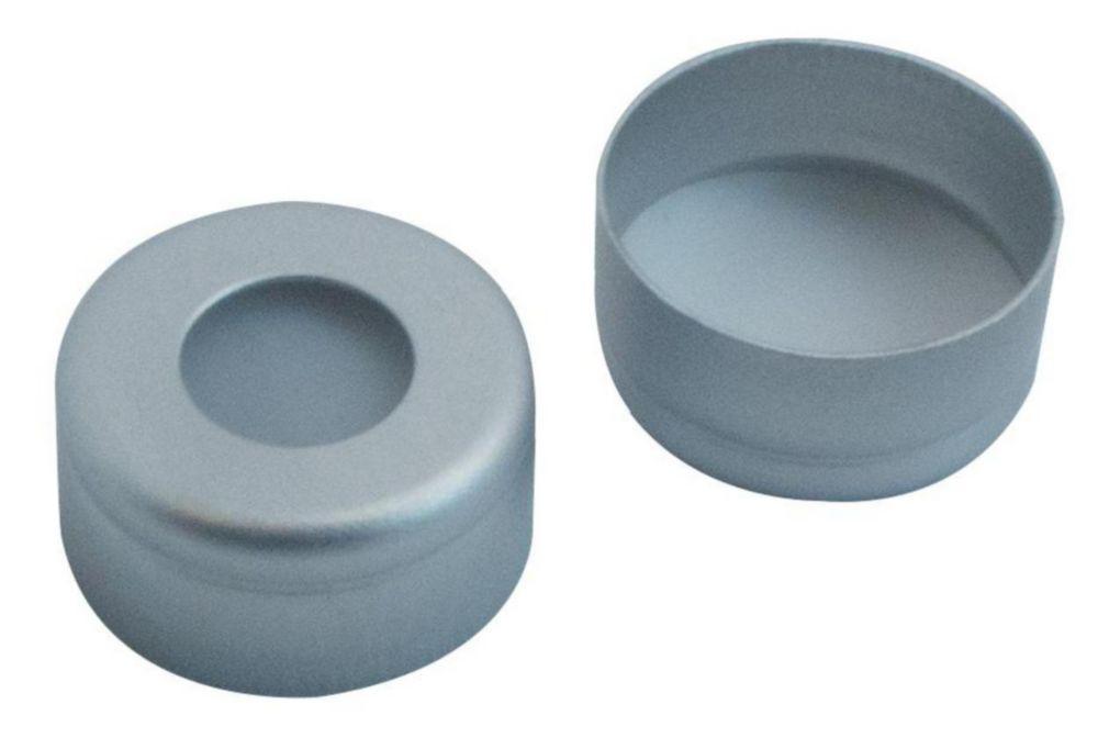 LLG Aluminium Crimp Cap N 11, Silver, Center Hole, PTFE Virginal White, Hardness 53° Shore D, Thickness 0.25 mm, Pack of 100