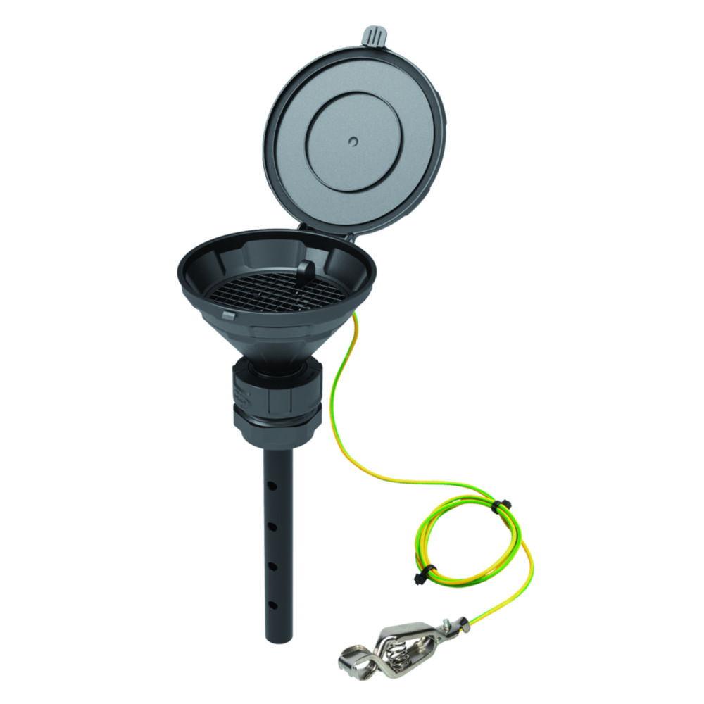 SCAT Funnel with lid "MARCO", V2.0, S55, 140 mm, PE-HD electrostatic conductive, with lance 220 mm, with removable sieve and earthing cable
