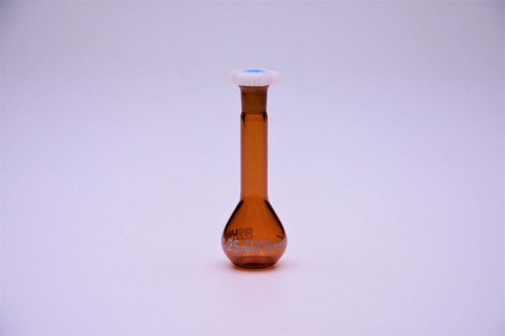 Volumetric flask 25 ml, NS 12/21 coated, amber, class A, blue scale conformity batch certified, pack of 2