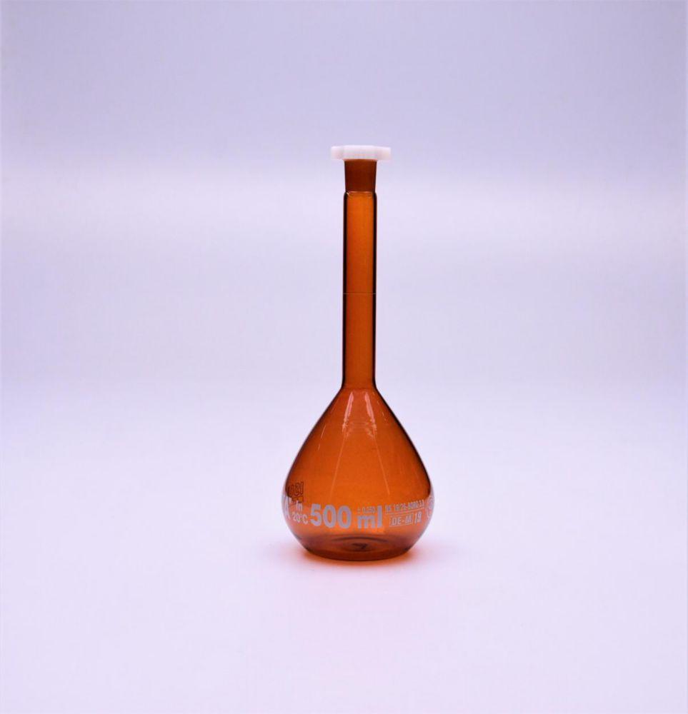 Volumetric flask 500 ml, NS 19/26 coated, amber, class A, blue scale conformity batch certified, pack of 2