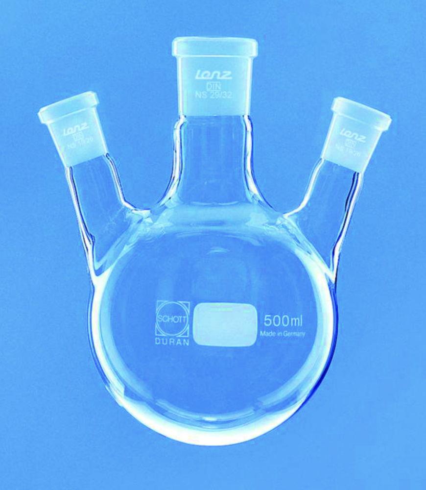 Lenz-Laborglas Round-Bottom Flask 500 ml Three-neck, Side Necks Angled, Center Neck NS 29/32, Side Neck NS 19/26

