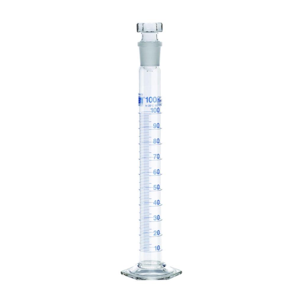 Hirschmann Mixing Cylinder 10 ml, Cl. A KB, Ring Section, Glass Stopper, DURAN, Blue Graduated