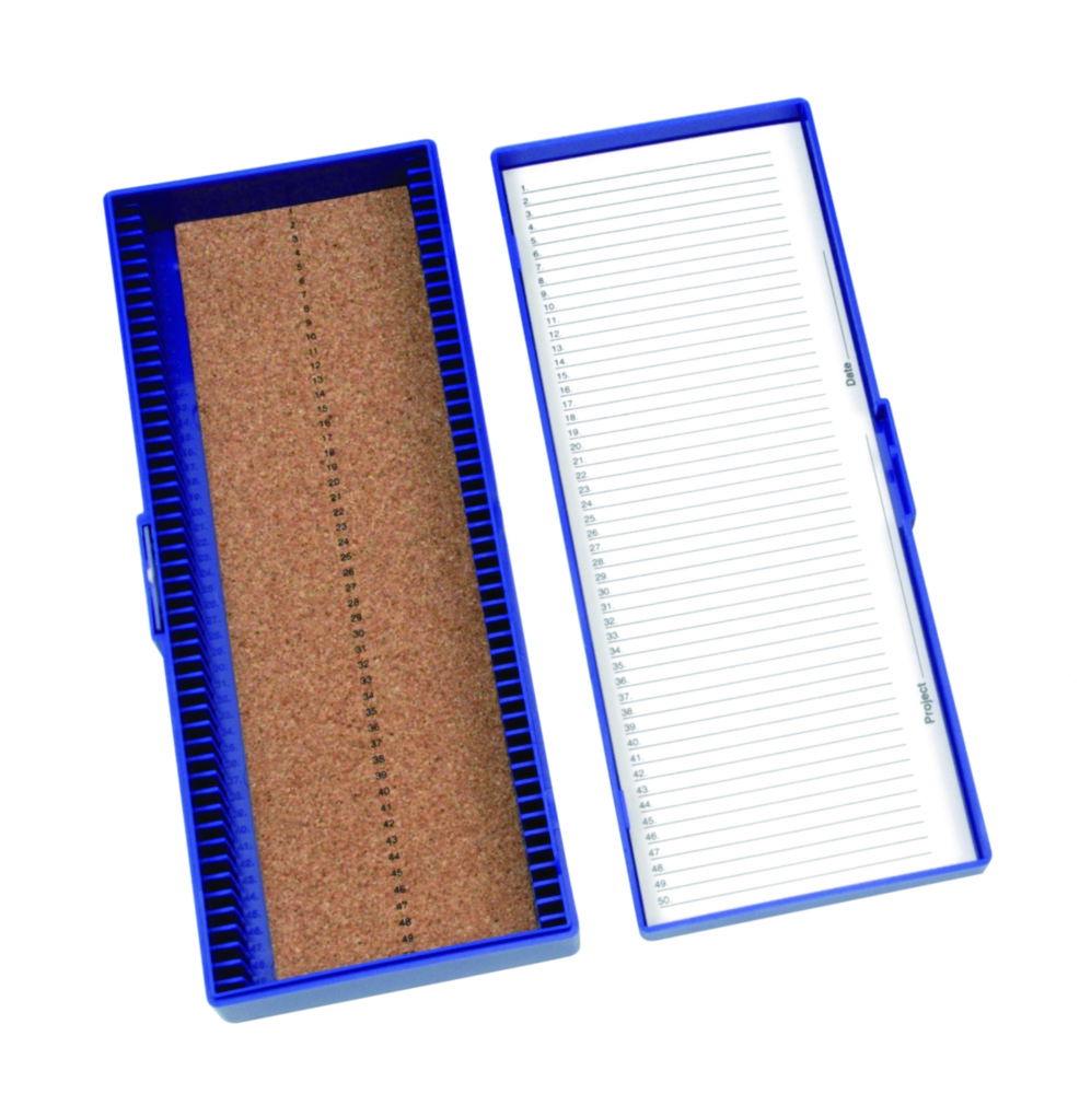Heathrow Scientific Slide Box, Blue for 50 Slides, 76 x 26 mm, Cork Insert