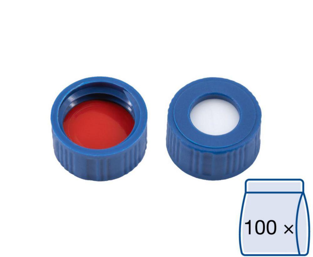 Macherey-Nagel Screw Caps N-9 Blue PP with Centre Hole 5.5mm Sealing Discs Silicone Rubber/PTFE White/Red (Pack of 100)

