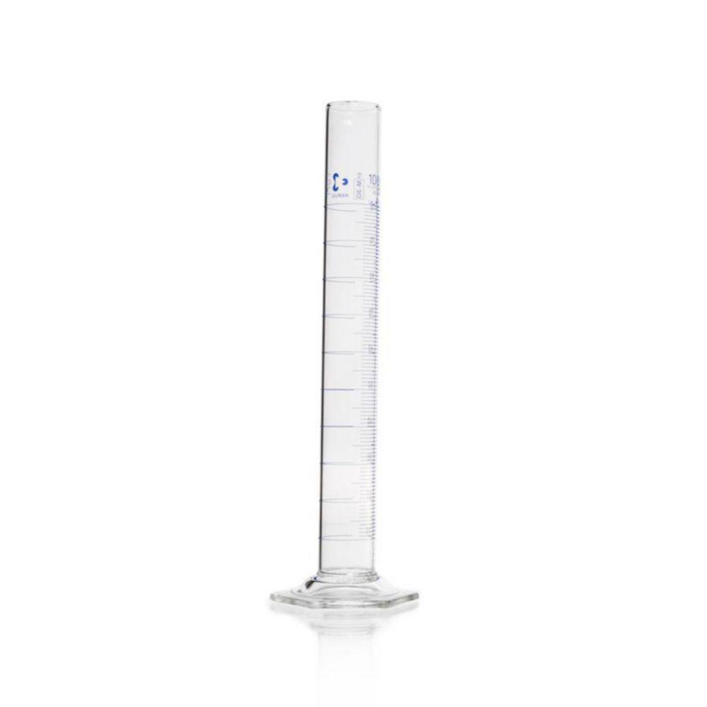 DWK Duran Measuring Cylinder 100 ml, Class A, Batch Certificate, Blue Graduation, Main Points Ring Graduation, Hexagonal Base