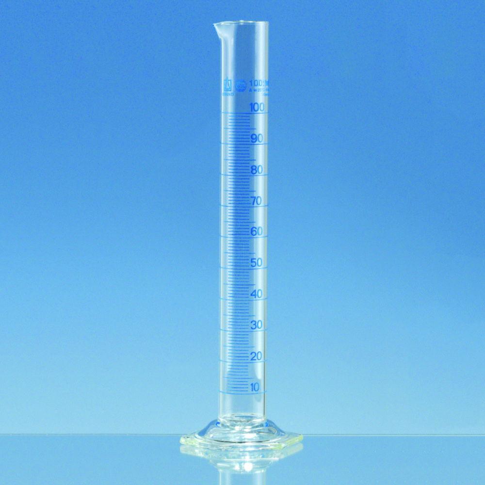 BRAND Measuring Cylinder 1000 ml, high form w. drain and hexagonal base, BLAUBRAND, conf. batch c., main point ring division, DURAN, with DAkkS certificate

