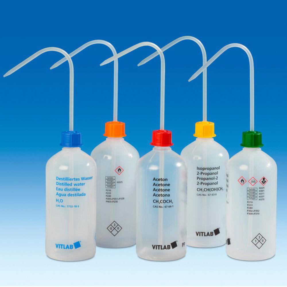 VITLAB Safety Washing Bottle 500 ml Narrow Neck, PE-LD, GL 25, i-Hexane, with VENT CAP Screw Connection

