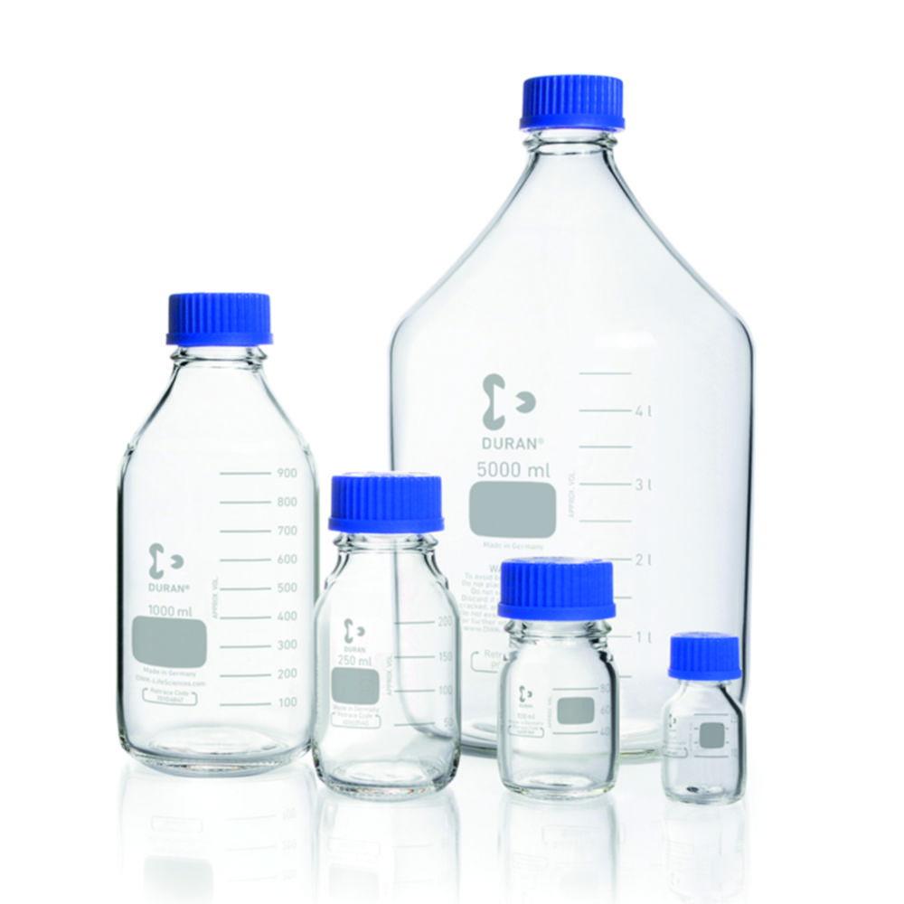 DWK Duran 3500 mL Clear Glass Laboratory Bottle with GL45 Thread, Graduated Scale, Cap, and Pouring Ring
