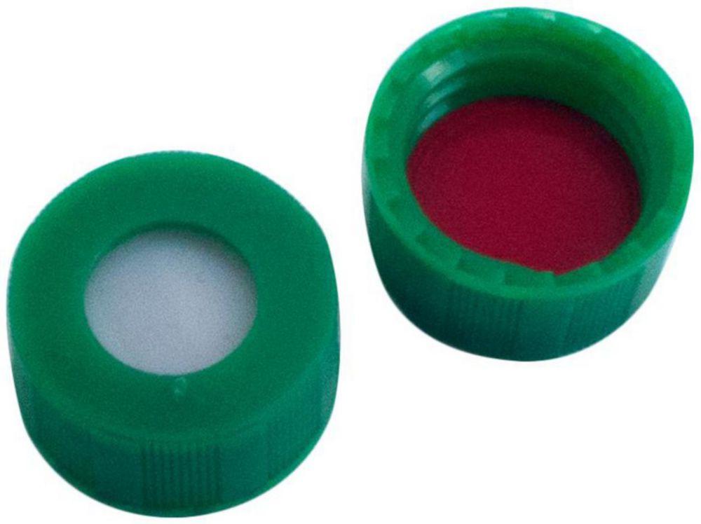 LLG Screw Caps, 9, PP Green, Center Hole, Silicone White/PTFE Red, Hardness 40 Shore A, Thickness 10 mm, Pack of 100