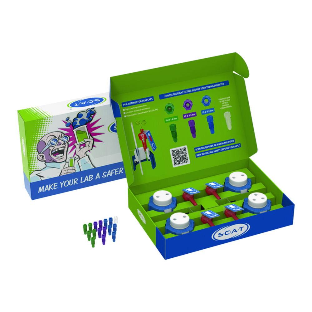 SCAT HPLC Starter Kit 1, V2.0: 3x SafetyCap I, 1x SafetyCap II, 1x Blind Plug, 5x Fitting 3.2 mm OD, 4x Air Valve