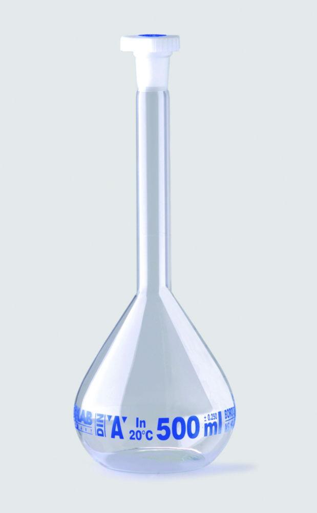 ISOLAB Volumetric Flask 2000 mL, Clear Glass, CL A, NS 29/32, PE Stopper, Blue Scale, Batch Certified