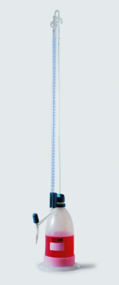 ISOLAB Automatic Burette acc. to Schilling 10 mL, Clear Glass, Class AS, Schellbach Stripes, Blue Scale, Conformity Batch Certified