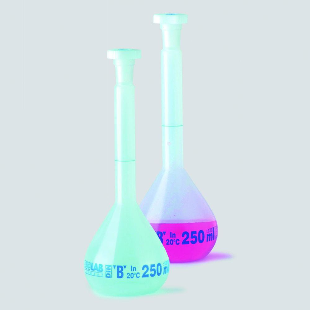 ISOLAB Volumetric Flask 1000 mL, Clear PP, CL B, NS 24/29, PE Stopper, Blue Scale