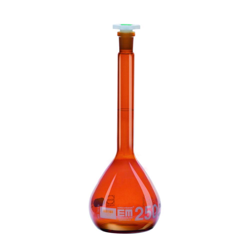 Hirschmann Volumetric Flask 250ml, cl.A, Amber, DURAN NS 14/23, PE Stopper, White Graduation