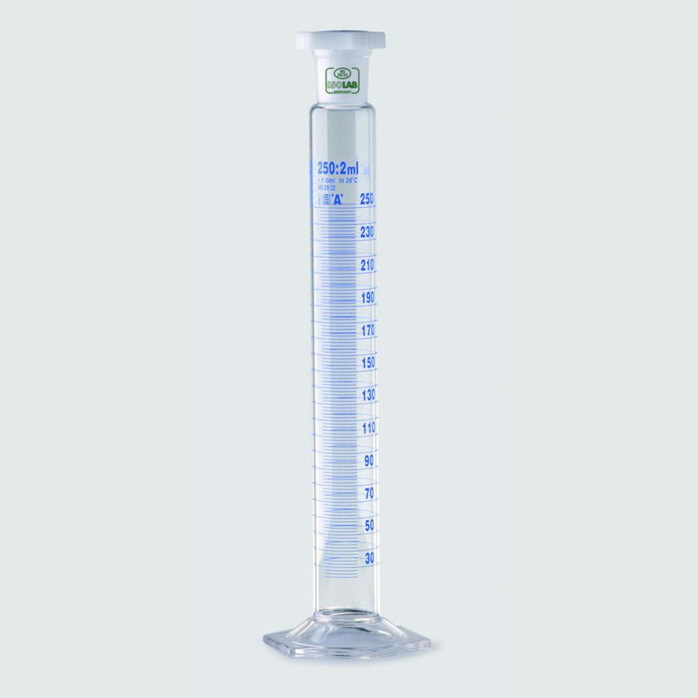 ISOLAB Mixing Cylinder 250 mL, Tall Form Glass, CL A, PP Stopper, Blue Scale, Batch Certified