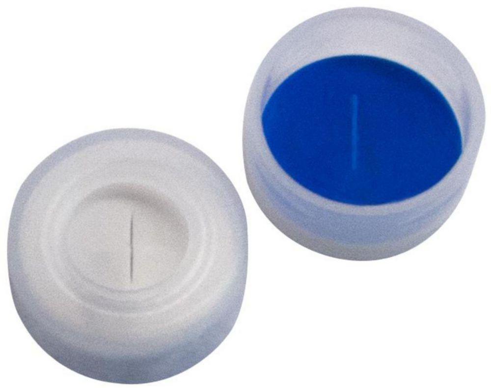 LLG Labware Snap Ring Caps N 11 Transparent PE with Center Hole, Silicone White/PTFE Blue, Cross-Slitted, Hardness 45° Shore A