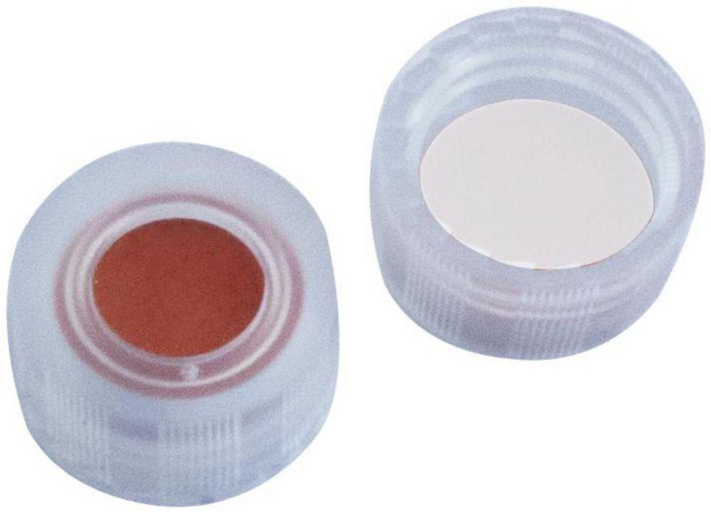 LLG Screw Caps N°9, Transparent PP, Center Hole, Red Rubber/FEP Colourless, Hardness 40 Shore A, Thickness 10 mm, Pack of 100