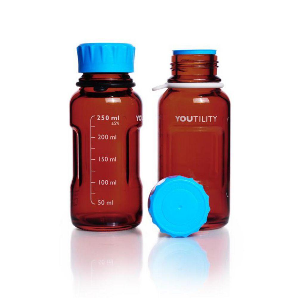 DWK Duran YOUTILITY Bottle 250 ml Amber, Graduated, GL 45, with Screw-Cap and Pouring Ring (PP), Pack of 4