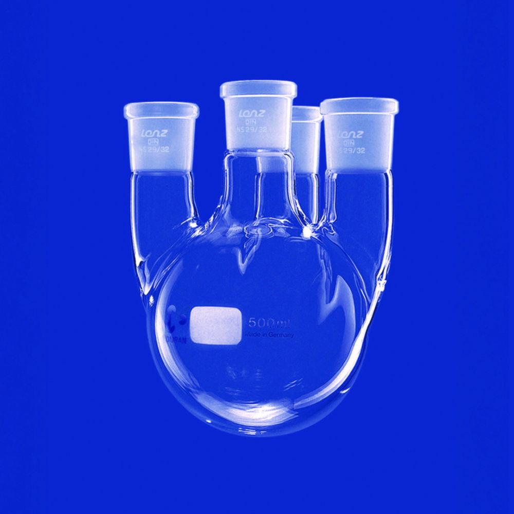 Lenz-Laborglas Round-Bottom Flask 5000 ml, Four-Neck, C. Neck NS 45/40, Sideways Parallel NS 29/32

