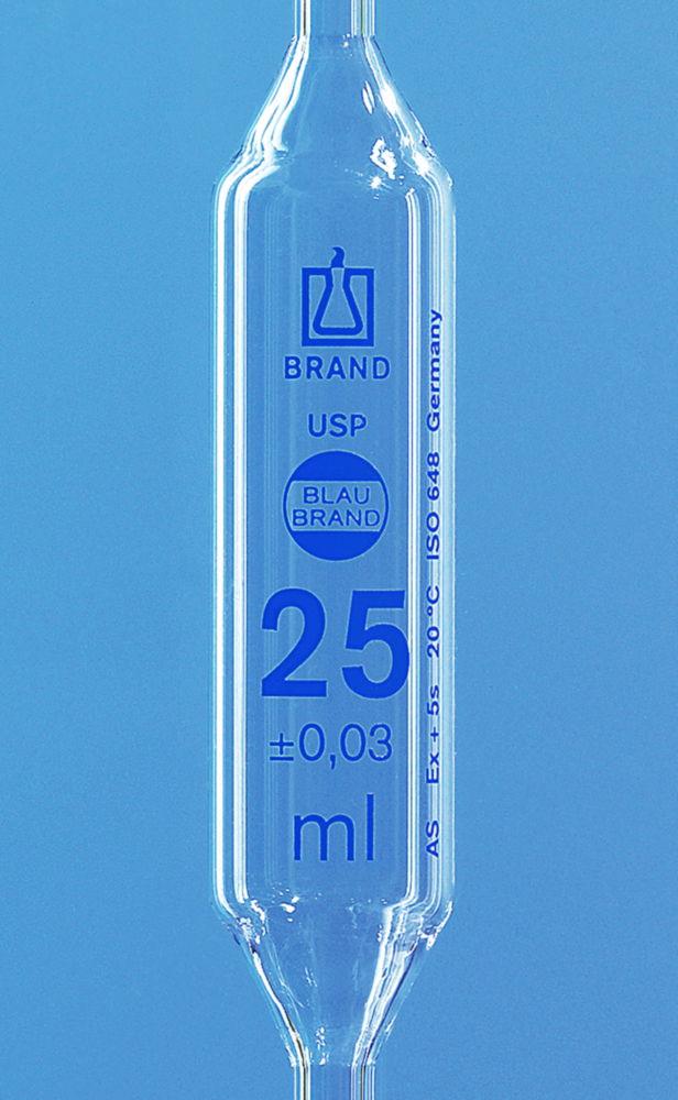 Bulb pipette 30 ml, 1 mark USP, BLAUBRAND®, cl.AS, conform. cert., blue grad. AR-Glas®, incl. USP batch certificate pack of 6