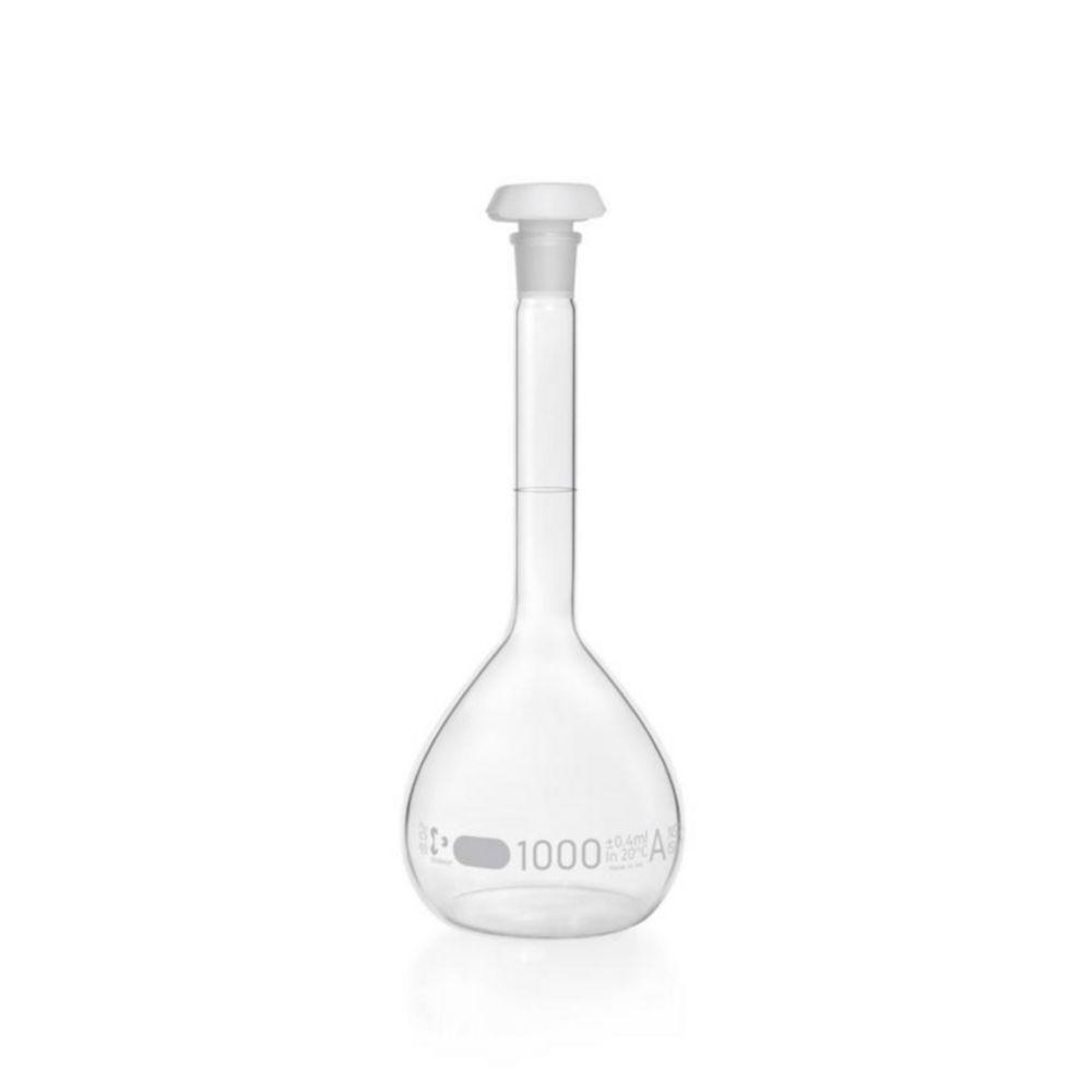 DWK Duran Volumetric Flask 1000 ml, Class A Blue Graduation, Batch Certificate, One Graduation Mark, Polyethylene Stopper, NS 24/29