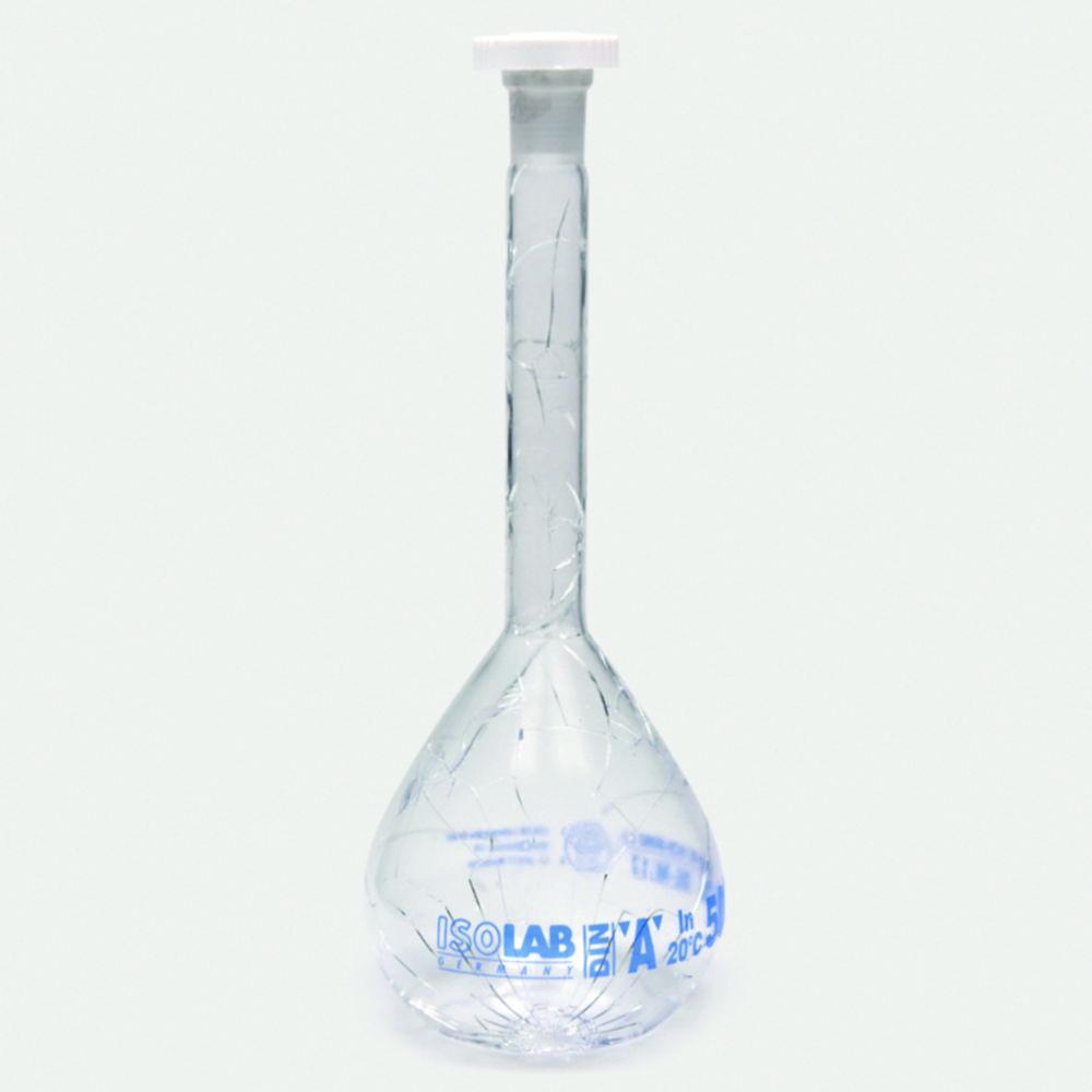 ISOLAB Volumetric Flask 200 mL Clear Coated Glass Class A NS 14/23 PE Stopper Blue Scale Batch Certified, Pack of 2